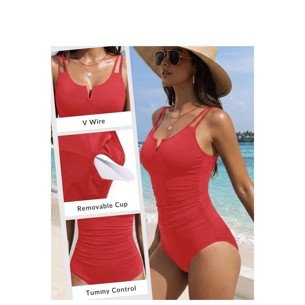 YONIQUE Women's Red Solid Ruched One Piece Swimsuit V-Wire Tummy Control, L